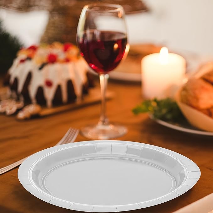 QZYL 50 PCS Paper Plates Set, Silver 9 Inches Disposable Dinner Plates, Heavy Duty Party Plates Bulk, Round Paper Dinner Plates for Daily Meals Party Picnic Wedding Birthday Anniversary Christmas