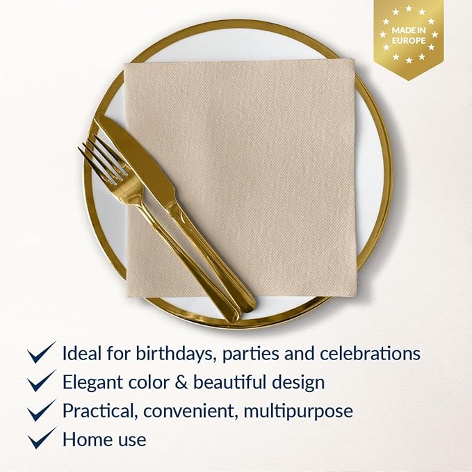 PAW - 50 Pieces Airlaid Paper Linen-Feel Napkins 16" x 16", Monocolor Disposable Cloth-Like Napkins, Elegant Beige Dinner Napkins for Kitchen, Party, Wedding, Gatherings, Christmas