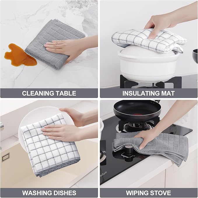 Homaxy Premium Cotton Kitchen Towels 16"x 28", Large Natural Ring Spun 390 GSM Dish Towels, Super Absorbent Terry Kitchen Hand Towels, Soft Tea Towels with Hanging Loop, Light Grey Design, 4 Pack