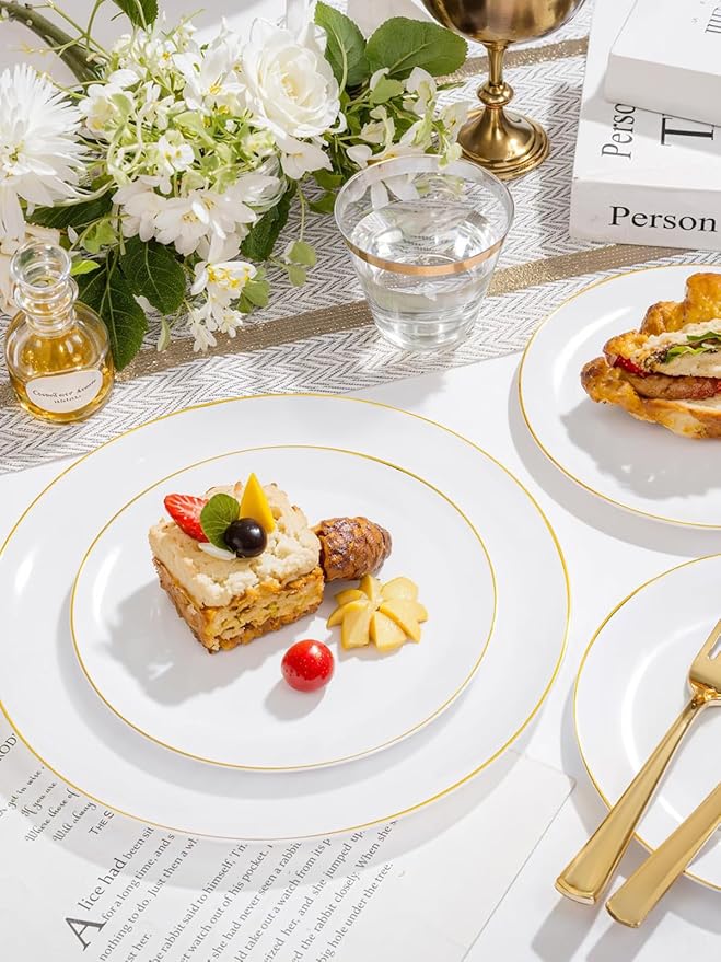 WDF 150Pcs White and Gold Plastic Plates - Gold Plates Disposable - 25 Guest Disposable Dinnerware Include 25 Dinner Plate 25 Dessert Plate 25 Cutlery 25 9oz Cups for Wedding/Birthday/Party