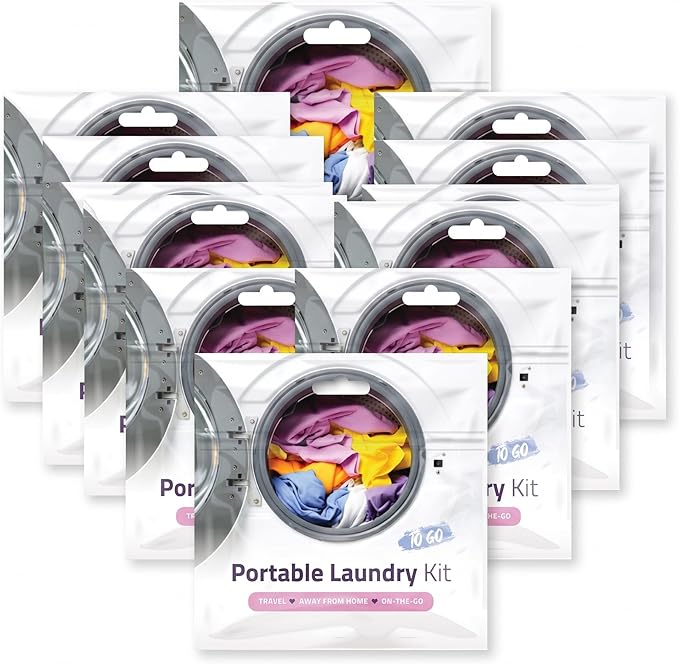 Portable Laundry Kit – Travel Clothes Cleaning Essentials with Liquid Detergent, Stain Remover Wipe, Dryer Sheet & Laundry Bag – Bulk Supply for Motels, Camping & Charities (10 Packs)