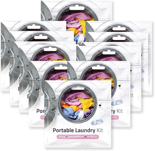 Portable Laundry Kit – Travel Clothes Cleaning Essentials with Liquid Detergent, Stain Remover Wipe, Dryer Sheet & Laundry Bag – Bulk Supply for Motels, Camping & Charities (10 Packs)