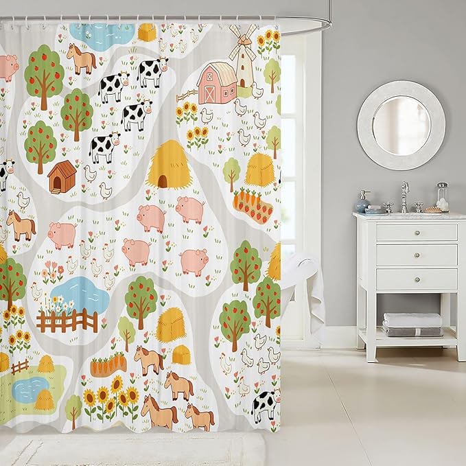 Cartoon Animals Shower Curtains Farm Animal Bathroom Curtains,Horse Cow Pig Waterproof Bath Curtains with 12 Hooks Suit for Bathtub,Colorful Flower Plant Kids Boys Girls Room Decor, 72" W x 78" L