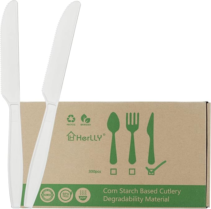 Compostable Knife, 300 Disposable Knives for Party, Large Biodegradable Eco-Friendly and Heat Resistant, Plastic Knife Alternative