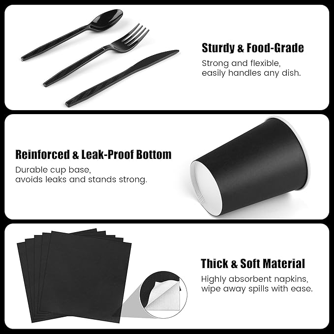 Kochorie 350 Pieces Black Dinnerware Set, 7 & 9 inch Dessert Paper Plates Cups Napkins Plastic Cutlery Disposable Party Supplies for Birthday Baby Shower Wedding, Serve 50 Guests