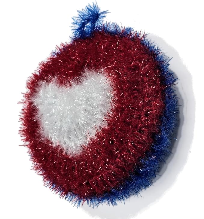 100% Handmade Dish Scrubber White/Red/Blue Design Dishwash Scrubby (Limited Edition) 3Qty (Round Heart (1qty))