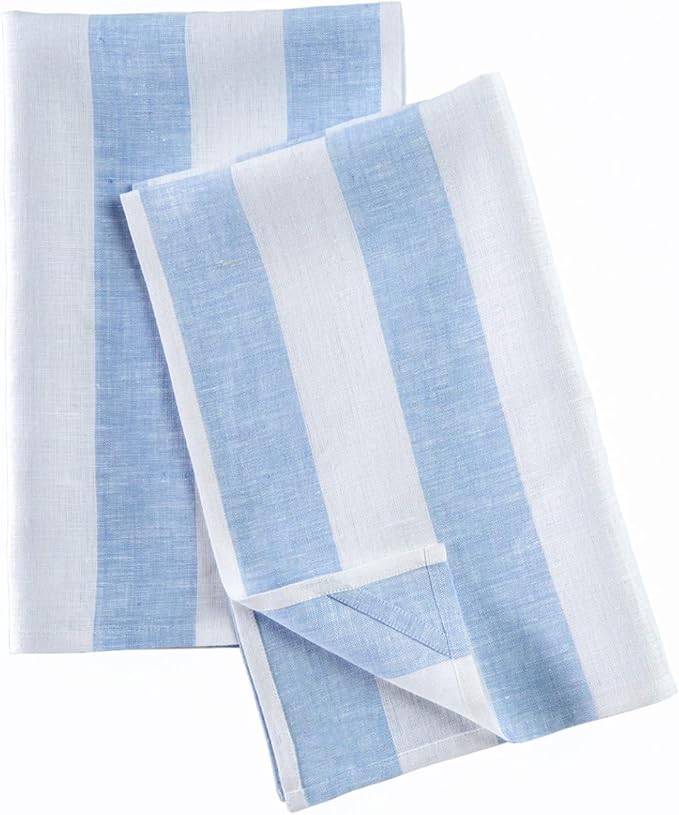 Solino Home Sky Blue and White Linen Kitchen Towels Set of 2-100% Pure Linen 17 x 26 Inch Cabana Stripe Tea Towels with Hanging Loop - European Flax Kitchen Dish Cloth - Quick Dry & Machine Washable