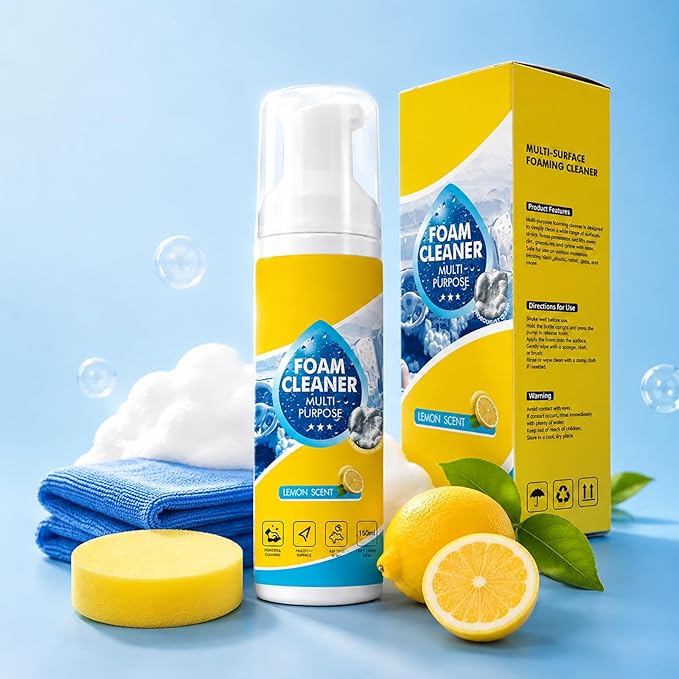 Multi-Enzyme Foam Cleaner Spray (5oz), Deep Cleaning No-Rinse Multi-Surface Foam for Car Interior, Sofa, Kitchen & Bathroom, Lemon Scent (1)