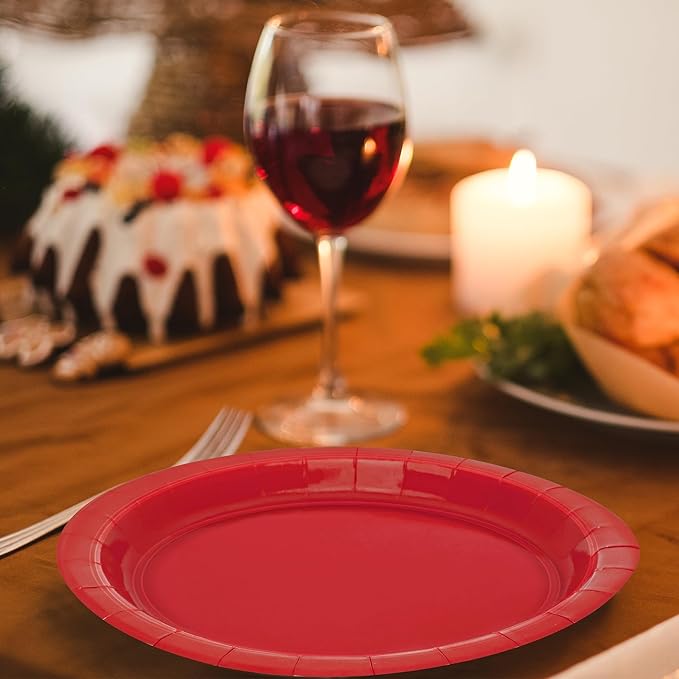 QZYL 50 PCS Paper Plates, Red Heavy Duty Party Plates, Round 9 Inches Disposable Paper Dinner Plates, Everyday Use Plates Set for Daily Meals Wedding Christmas Picnic Supplies