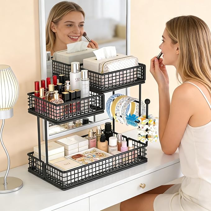 3-Tier Metal Bathroom Countertop Organizer, Makeup Organizer for Vanity Countertop, Bathroom Shelf for Skincare, Perfume & Cosmetics, Multipurpose Storage Rack for Kitchen, Bedroom & Office (Black)