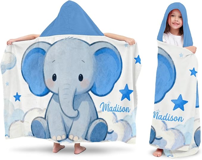 Blue Stars Elephant Personalized Hooded Towel Absorbent Wrap Soft Pool Beach Bath Towels Hood Poncho for 5-12 Years Kids Boys Girls