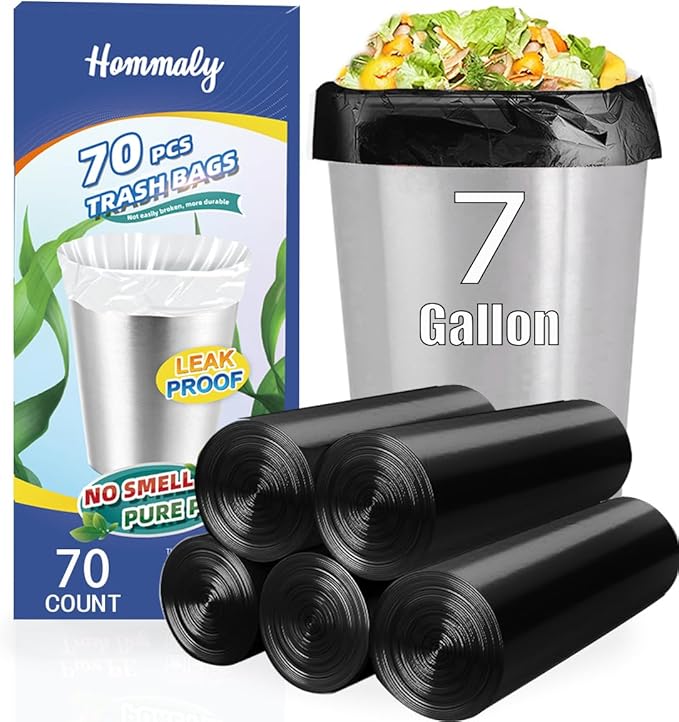 7 Gallon 70 pcs Black Trash Bags Strong Black Garbage Bags, Bathroom Trash Can Bin Liners, Plastic Bags for Office, Fit 6 gallon,7 gallon Waste Basket Liner 6,7 Gal(7G70-Black)