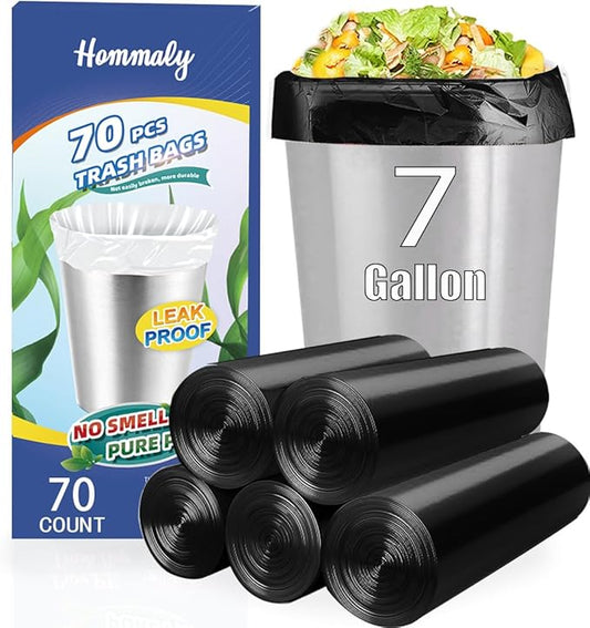 7 Gallon 70 pcs Black Trash Bags Strong Black Garbage Bags, Bathroom Trash Can Bin Liners, Plastic Bags for Office, Fit 6 gallon,7 gallon Waste Basket Liner 6,7 Gal(7G70-Black)