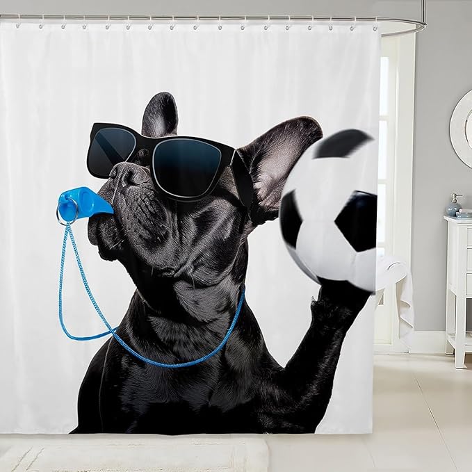 Soccer Ball Waterproof Shower Curtains Dog Football Fabric Bathroom Shower Curtain Kids Boys Sports Competitive Design Shower Curtain Accessories with Hooks Funny Dog Referee Curtains,72x72 Inches
