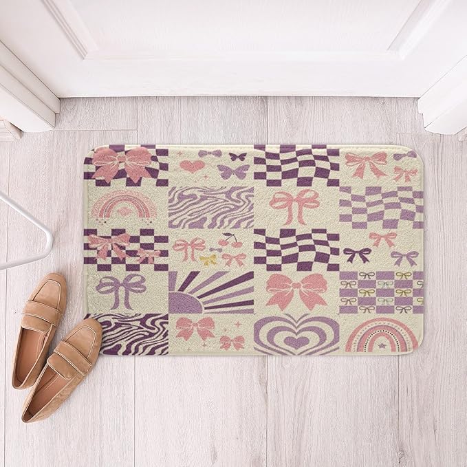 Pink Bowknot Kids Bath Mats,Geometric Plaid Grid Checkerboard Patchwork Mats Rugs for Girls,Bow Tie Rainbow Cherry Bath Carpets,Purple Dreamy Bath Rugs,Absorbent Floor Mats,16Wx24L Inches