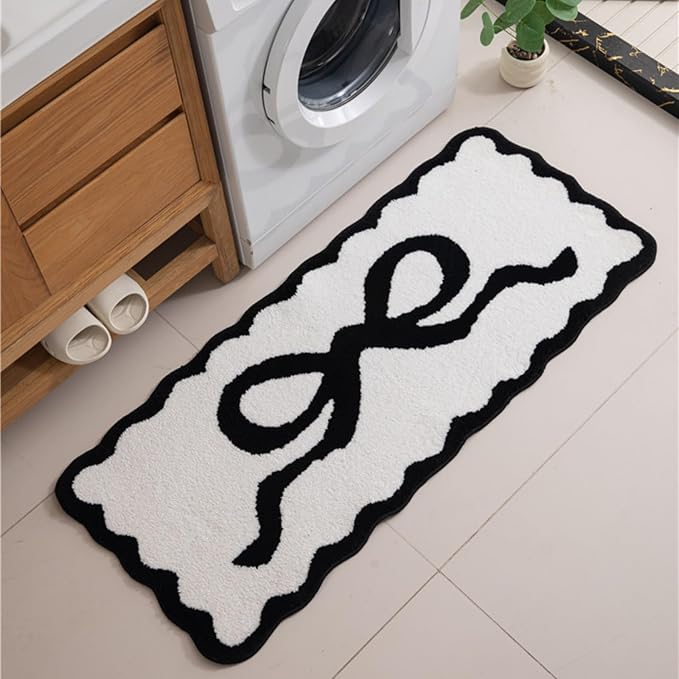 Black Scalloped Bathroom Mat 26x18, Soft Absorbent Bath Mats, Machine Washable Microfiber Floor Mats for Bathroom Tubs, Sinks and Showers