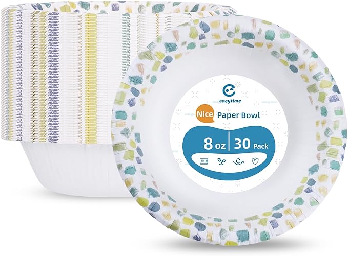30 Pack Paper Bowls, 8 Oz Disposable Soup Bowl, Heavy Duty Printed Disposable Bowls Bulk For Snacks, Dessert, Breakfast, Lunch And Dinner Meals (Green)