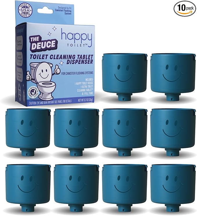 Happy Toilet Cleaner Deuce - Compatible w Kohler Toilets & Canister Flushing Systems - Automatic Toilet Bowl Cleaner 10-Pack - Easy to Install Toilet Tablet Holder, Self-Cleaning Toilet System