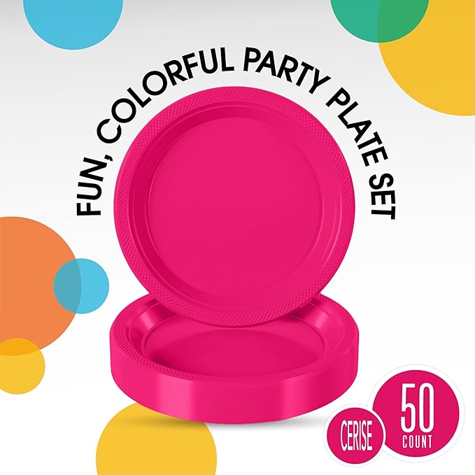 Exquisite Party Solids Cerise Plastic Plates For Party Supplies 10" Cerise Disposable Plates Heavy Duty 50 Pcs Plastic Dinnerware Sets Heavy Duty 350 GSM Disposable Dinnerware Set