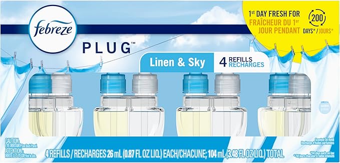 Febreze Plug In Air Freshener, Odor-Fighting Scented Oil Refill, Linen & Sky Scent, 4 Refills