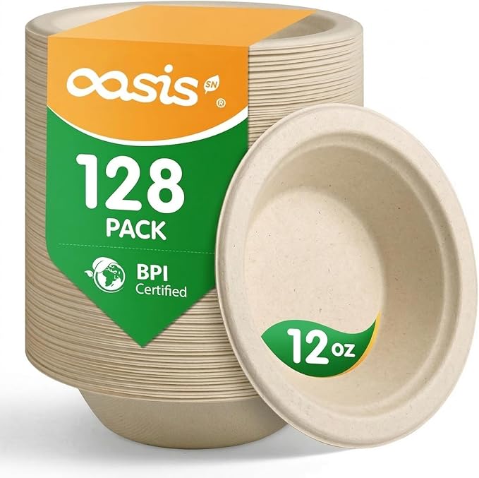 12 oz 128-Pack Compostable Soup Bowls, Disposable Paper Bowls for Soup, Cereal & Oatmeal, Heavy-Duty Bagasse Bowls, Microwave & Freezer Safe, Eco-Friendly (Natural)