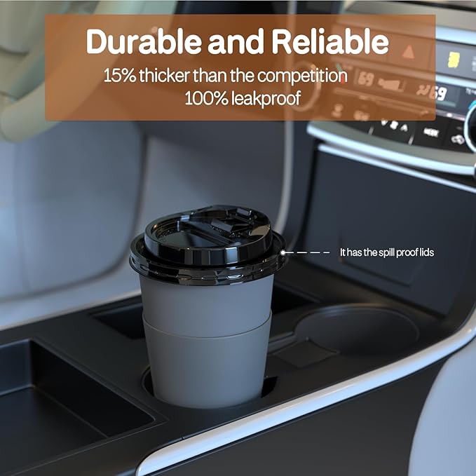 Clawsoff 100 Pack 12 oz Disposable Paper Coffee Cups with Lids and Sleeves and Stirring Sticks, Leak-free Disposable Insulated Paper Cups for To Go Hot or Cold Beverages(Gray)
