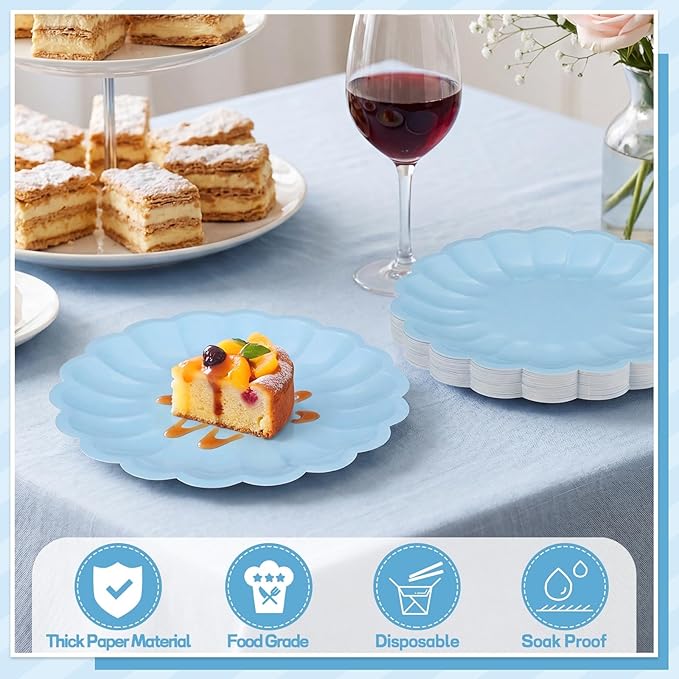 NatNarr 30 Pcs Light Blue Scalloped Paper Plates 7.5 Inch Shell Edge Dinner Paper Plates Disposable Baby Blue Scalloped Easter Plate for Wedding Boy Baby Shower Birthday Party
