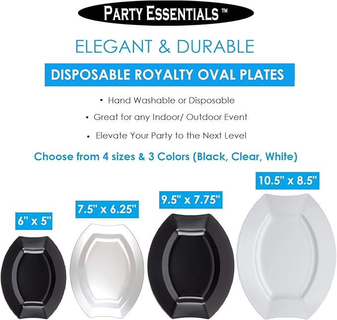 Party Essentials Party Supplies Fancy Plastic Dinnerware For Wedding/Birthday/All Occasions, 7.5" x 6.25", Salad/Dessert Plates, 20-Count, Clear Oval Royalty