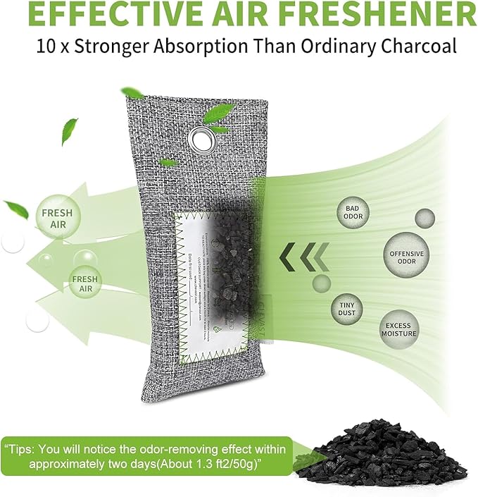 CLEVAST Activated Bamboo Charcoal Odor Absorber - 6 x 60g Air Purifying Bags Natural Fresh, Deodorizer and Moisture Eliminator for Home, Closet, Shoes, Car Air freshener, Grey