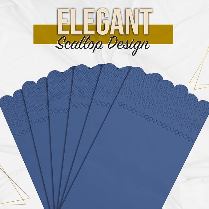 Party Solids Blue Scalloped Napkins Disposable 100 Pcs 3-Ply Blue Scalloped Dinner Napkins Disposable Decorative for Dinners & Parties, Paper Guest Towels for Bathroom & Party Supplies
