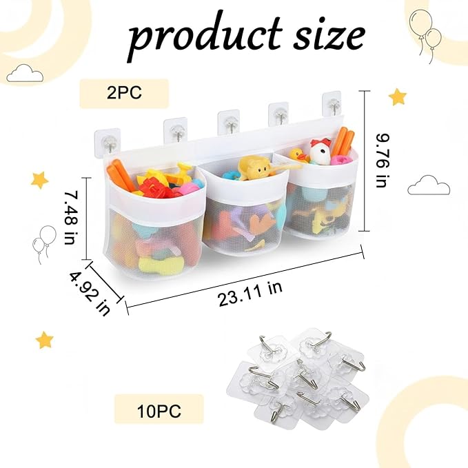 2PC Bath Toy Storage Organizer, Extra Large Mesh Net for Bathtub Toys Quick Dry Shower Toy Holder with Strong Suction Cups Multi-Use Basket for Bathroom Wall Tub and Poolside