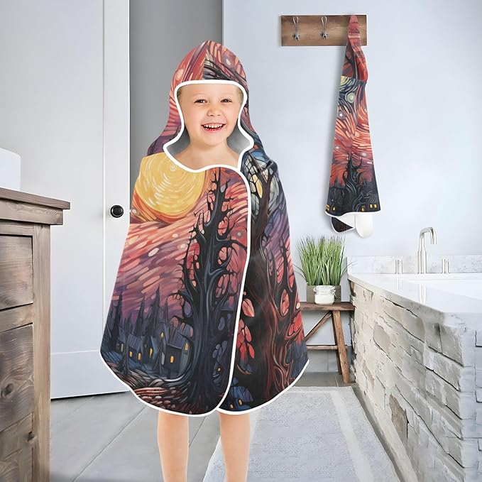 Hooded Towel for Kids Starry Night of The Forest Beach Wrap Bath Towels 50x23.5in