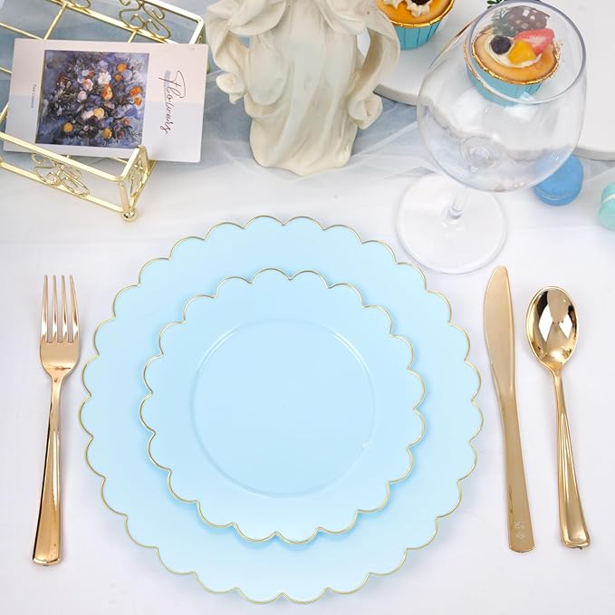 LIYH 60 Pcs Baby Blue Plastic Plates with Gold Edge - Disposable Light Blue Plastic Plates Includes 30 Dinner Plate 10.25" and 30 Dessert Plate 7.5" for Party Birthday Wedding