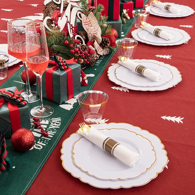 Morejoy 175PCS Gold Plastic Plates，White Gold Disposable Plates with Pre Rolled Napkins:25 Dinner Plates,25 Dessert Plates,25 Spoons,25 Forks,25Knives,25Cups,25Napkins for Party & Mother's Day