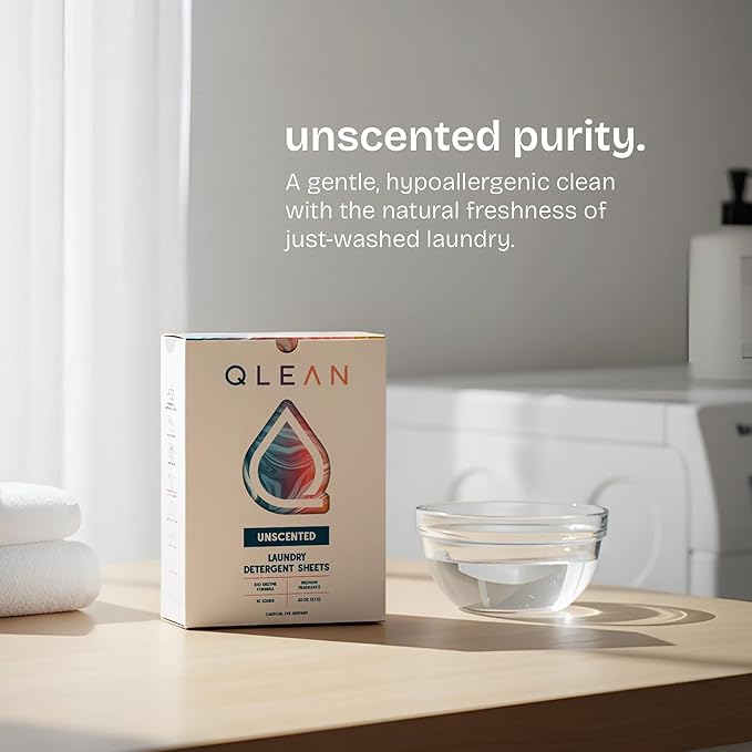 QLEAN Laundry Detergent Sheets Unscented (120 Loads) – Fragrance-Free Plant-Based Laundry Sheets for Sensitive Skin & Babies, Hypoallergenic, HE Compatible, Biodegradable Eco Detergent Strips