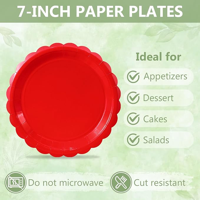 Mulbozy 75 Red Plates and Napkins Disposable Set Includes 25 Dessert Cake Scalloped Plates, Cocktail Napkins & Forks, for Fork 25 Guests Holiday Party Supplies.