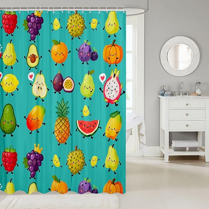 Kawaii Bath Curtain 72"Wx78"L Lovely Cartoon Fruit Shower Curtain for Kids Child Girls Lemon Avocado Orange Grape Waterproof Shower Curtain Pear Peach Mango Passion Fruit Kawaii Room Decor