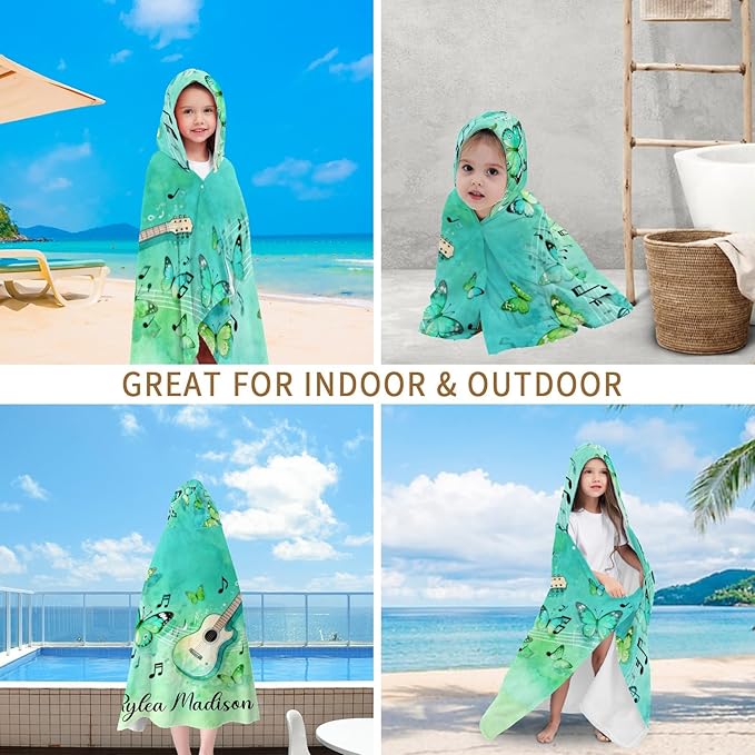Music Guitar Butterfly Personalized Hooded Towel Absorbent Wrap Soft Pool Beach Bath Towels Hood Poncho for 5-12 Years Kids Boys Girls