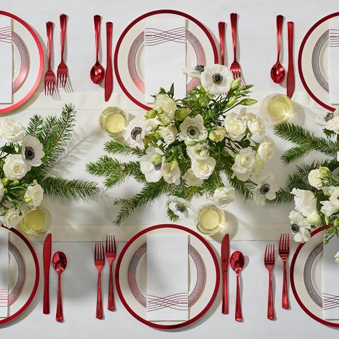 By Madee HEAVYWEIGHT Red Party Plates Set 175 Piece Fancy Plastic Dinnerware Sets | Red Plates and Napkins Cutlery | Elegant & Nice for Wedding Bridal Shower (25 Guests)