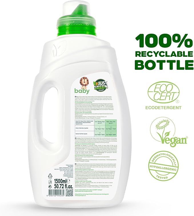 Baby Liquid Laundry Detergent, Plant-Based Laundry Soap Newborn & Infant Clothes, Hypoallergenic, Fragrance-Free, EcoCert Certified, 30 Washes, 50.7 fl oz (1500 ml) - 3 Pack