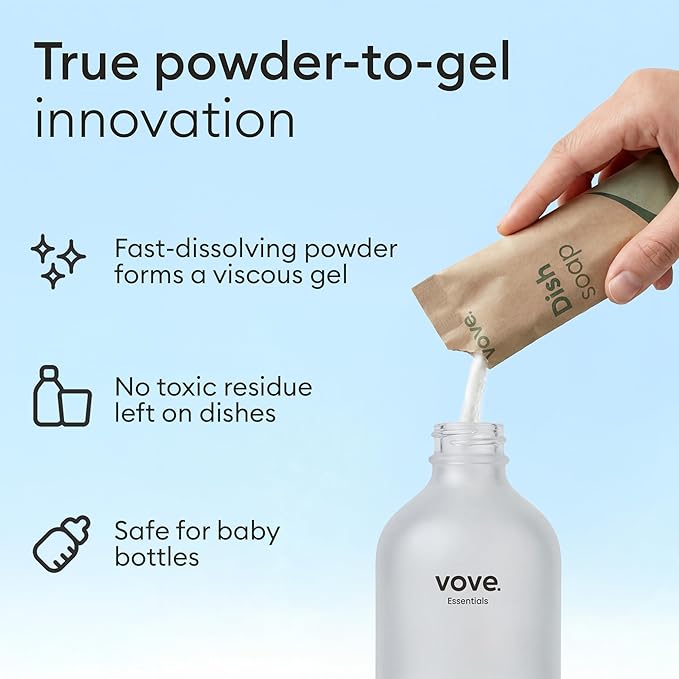 Vove Dish Soap Refills 3-Pack, Bergamot Mint & Basil, Powder-to-Gel Dishwashing Liquid Refill, Plant-Based Concentrated Formula, Grease-Cutting Power, Plastic-Free Compostable Packaging, Essential oil