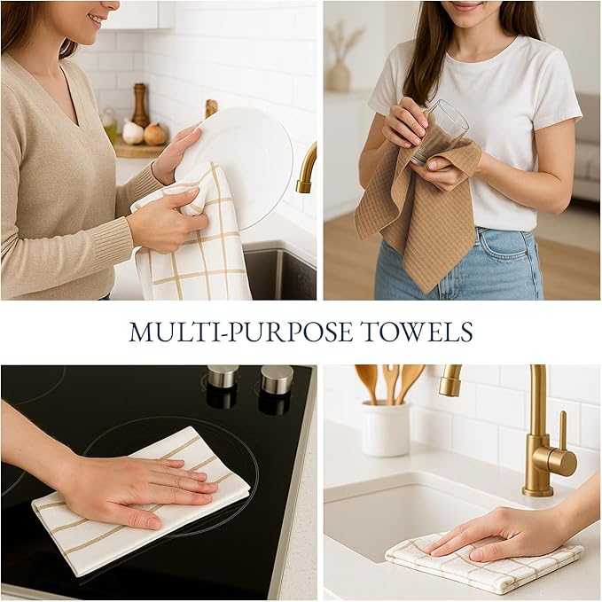 LANE LINEN Cotton Kitchen Towels and Dish Cloths Set, 6-Pack – Absorbent, Quick-Drying Dish Towel, 18" x 28", Soft, Premium Hand and Tea Towels - Beige