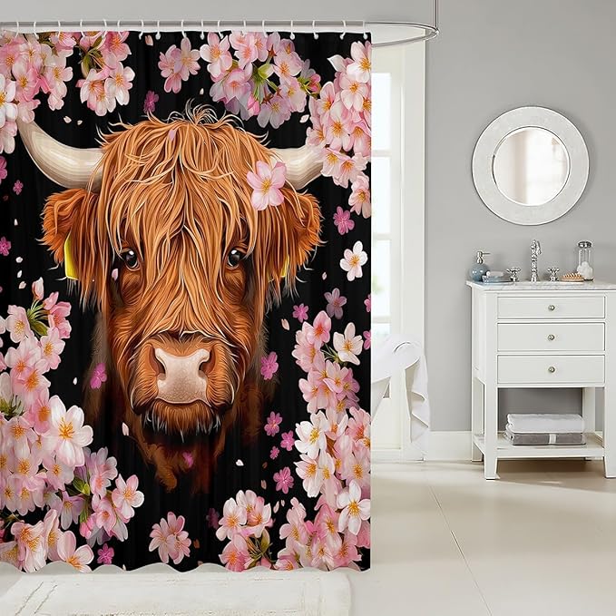 Cherry Blossom Shower Curtain Highland Cow Bathtubs Shower Curtain Set 72"Wx72"L,Ethnic Kawaii Pink Flower Bath Curtain Brown Longhorn Bull Cattle Hanging Curtain Farmhouse Western Animals Decor