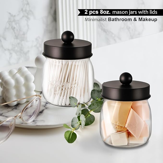 Farmhouse Decor Apothecary Jar Set, Mason Jar Bathroom Vanity Storage Organizer Canister-Qtip Holder Plastic Acrylic Jar for Cotton Swab, Cotton Pad, Floss Pick, Paper Clip, Hair Clip (2 Pack, Bronze)