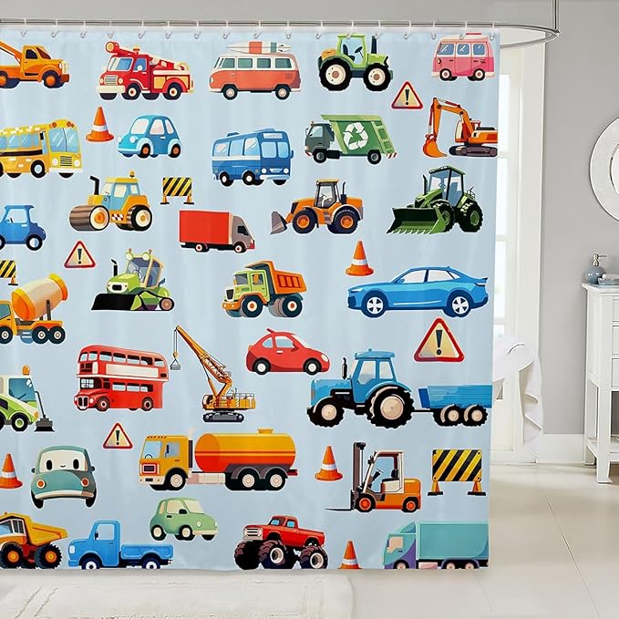 Cartoon Car Bathroom Waterproof Accessories with 12 Hooks Teens Cartoon Transportation Car Decor Fabric Shower Curtains for Kids Boys Girls Truck Bus Taxi Shower Curtain Vehicles Blue,72x78 Inches