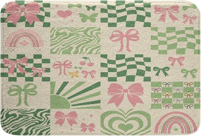 Pink Bowknot Kids Bath Mats,Geometric Plaid Checkerboard Patchwork Mats Rugs for Girls,Rainbow Bow Tie Butterfly Bath Carpets,Green Fashion Bath Rugs,Absorbent Floor Mats,16Wx24L Inches