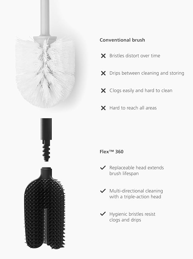 Joseph Joseph Flex 360 Lite, Advanced Smart Toilet Brush and Small Storage Holder Set with Anti-drip, Anti-Clog, Triple-Action Replaceable Brush Head - Black