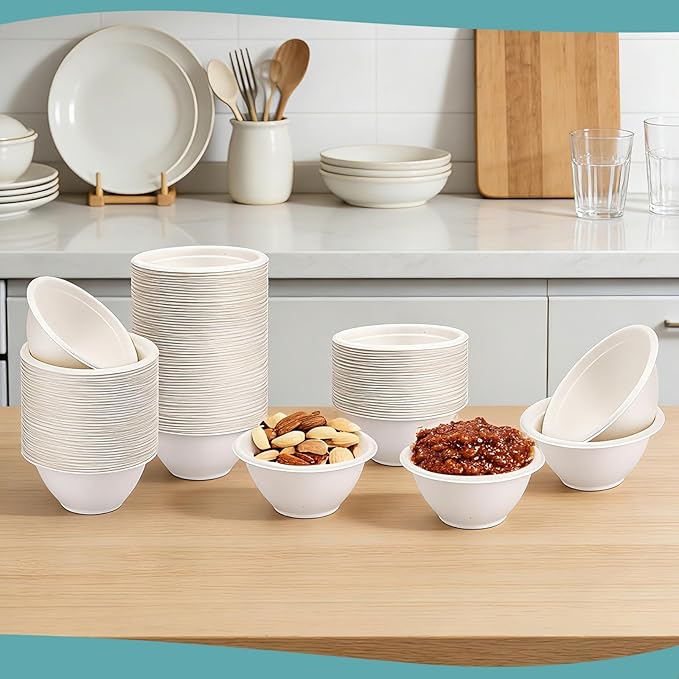 LeonBach 100 Pack 6oz Natural Bagasse Fiber Bowls, Small Disposable Paper Bowls Microwavable Safe Sample Snack Cups Charcuterie Serving Cups for Sauce Portion Condiment Ice Cream Desserts, White