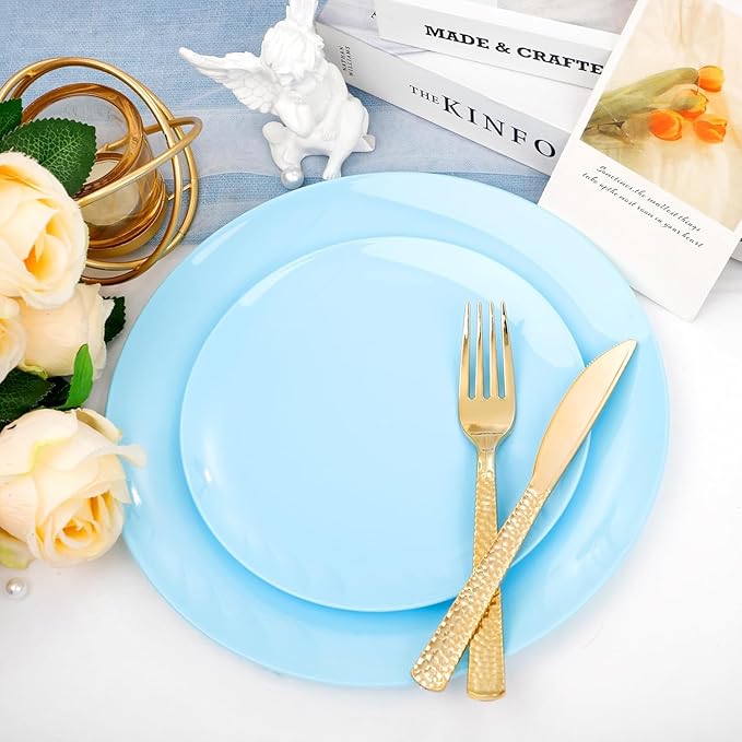KIRE 60PCS Blue Plastic Plates Disposable - Heavy Duty Light Blue Plates Include 30Pcs 10.25” Dinner Plates and 30Pcs 7.5” for Dessert/Salad in Baby Shower/Picnic/Easter/Spring