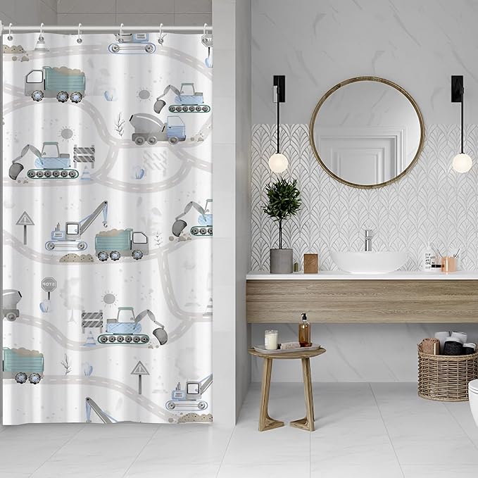 Excavator Kids Shower Curtain Sets Cartoon Construction Truck Tractor Car Bathroom Decor Fabric Polyester Waterproof 36x72 Inches with 6 Hooks for Boys Machinery Vehicle Bath Curtains